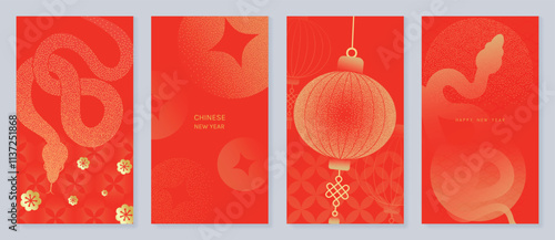 Chinese New Year 2025 greeting card background vector. Year of the Snake design with gold snake, lantern, pattern, dot texture. Elegant oriental illustration for cover, poster, red envelope, calendar.