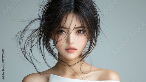 High-end fashion portrait showcasing Asian model, dynamic hair composition, immaculate white sleeveless design. Ultra-Realistic, Photo Realistic, highly detailed, 