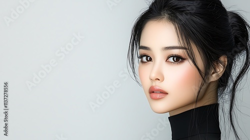 Professional headshot of Asian woman, side profile, hair elegantly moving, soft studio lighting, immaculate skin texture. Ultra-Realistic, Photo Realistic, highly detailed, 