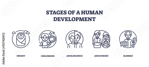 Human development stages depicted with icons of infant, child, adult. Outline icons set.