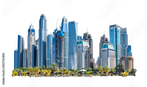 Majestic futuristic skyline of urban downtown skyscrapers, isolated on transparent white