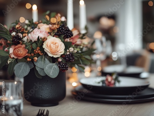 A beautifully set dinner table with candles and flowers, captured in a romantic, classical style, soft light, warm atmosphere.