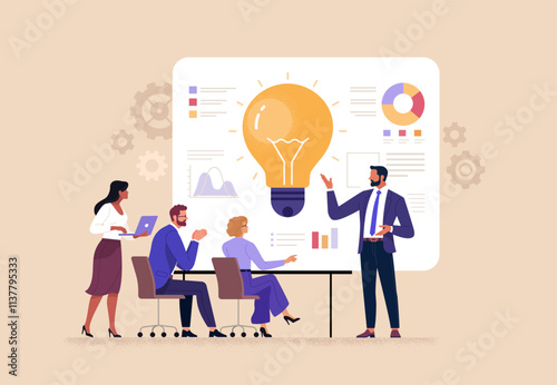 Business Idea Presentation Concept. Vector cartoon illustration of an office worker presenting his idea with a board with a light bulb and graphs in front of his colleagues. Isolated on background