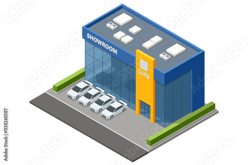 A large isometric car showroom with multiple white cars displayed outside. The building has a bright blue and yellow facade and modern glass architecture. Dealership, showroom