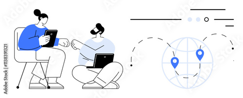 Two colleagues using tablet and laptop while discussing ideas. Globes, location markers, and connection lines indicating global reach. Ideal for remote work, technology, digital communication, global