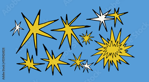 Abstract quirky Stars. Different unique shapes, doodles. Contemporary trendy style. Hand drawn modern Vector illustration. All elements are isolated