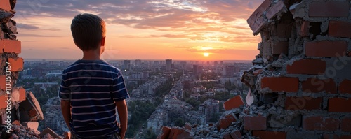 Young boy amidst destroyed buildings overlooking a devastated cityscape at dusk symbolizing hope and despair in a shattered world