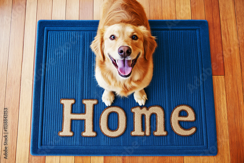 Adult Golden Retriever dog looking up at owner when it arrives home, welcome home concept