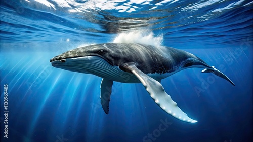 Whale swimming in the open ocean with its dorsal fin and tail, ocean, marine life, sea creature, underwater