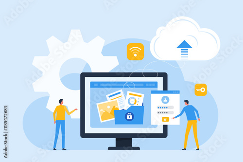 technology cloud storage backup. business cloud computing and datacenter security concept. with administrator and developer team. flat vector illustration design. 