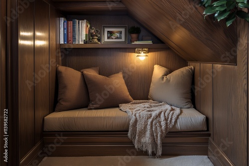 温かみのある木製パネルと照明が演出するリーディングヌック | Cozy Reading Nook with Wooden Panels and Warm Lighting