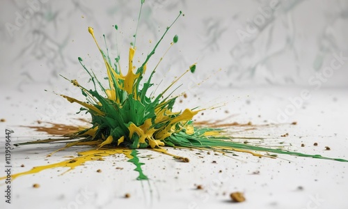 Artistic splatter of green and yellow on white surface, modern, creative art