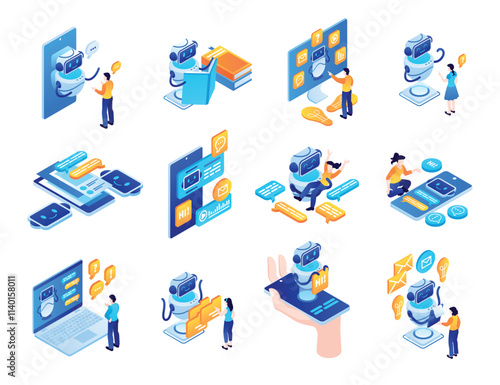 Conversational AI chatbot isometric set