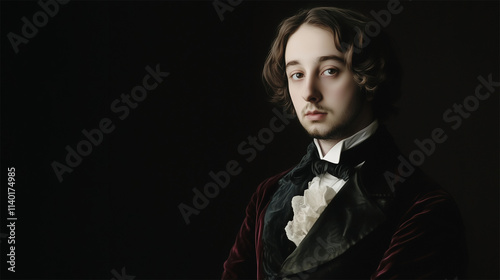 AI-generated portrait of young Charles Dickens, his face based on the 1839 Daniel Maclise painting