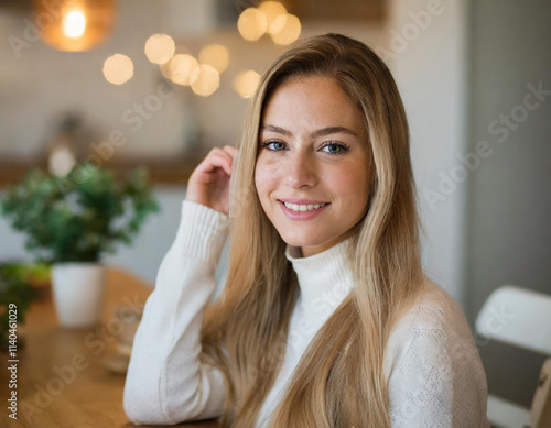 Piękna młoda uśmiechnięta naturalna kobieta blondynka w swetrze w domu