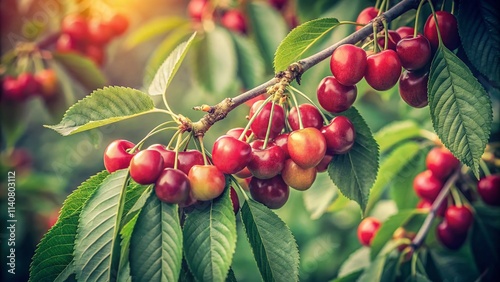 Vintage Photo: Unripe Morello Cherries, Prunus Cerasus, Rosaceae Family - Sour Cherry Tree, Botanical Photography