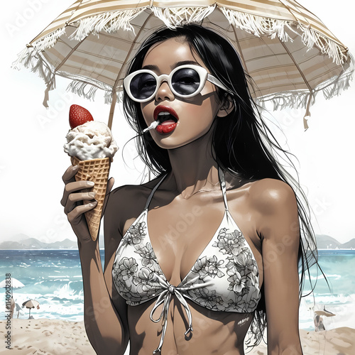 giovane donna asiatica si gode un gelato alla panna in una calda giornata di sole in spiaggia, Young Asian woman enjoys a cream ice cream on a warm sunny day at the beach