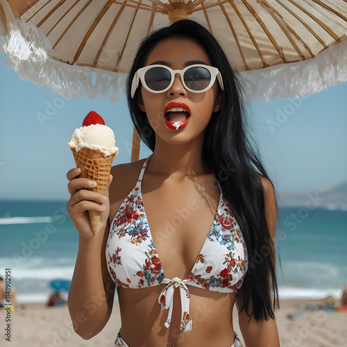 giovane donna asiatica si gode un gelato alla panna in una calda giornata di sole in spiaggia, Young Asian woman enjoys a cream ice cream on a warm sunny day at the beach