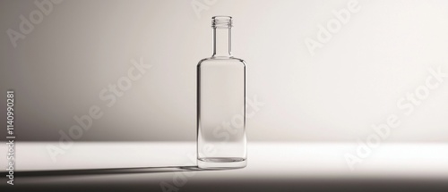 Black and white photograph of a glass bottle. the bottle is empty and is standing upright on a white surface. it has a cylindrical shape with a narrow neck and a small opening at the top.