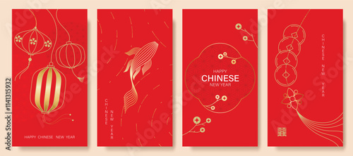 Chinese New Year 2025 hongbao red envelope design vector. Collection of Chinese festival with lantern, fish, coin, pattern. Elegant oriental illustration for ang pao, cover, calendar, ads.