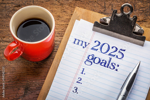 my 2025 goals list on clipboard and coffee against grunge wood desk, setting New Year goals and resolutions