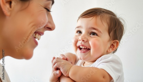 Close-up of smiling mother playing with her baby indoors