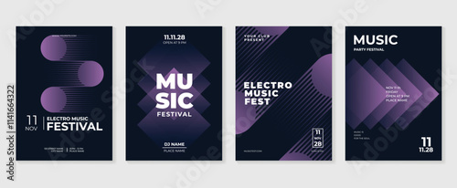 Music poster design background vector set. Electro Sound Cover template with vibrant abstract gradient geometric shape and line wave. Ideal design for social media, flyer, party, music festival, club.