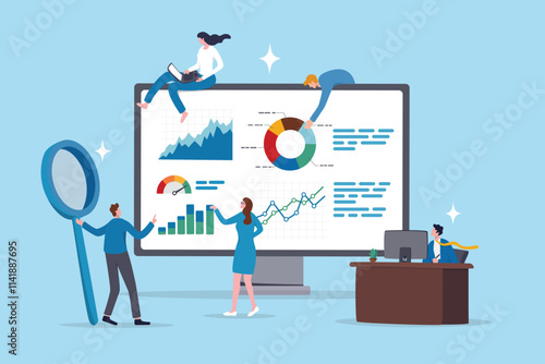 Chart and graph, datum research statistics, inforgraphic financial review, project planning diagram, business information analysis, business people help analyze data on computer monitor dashboard.