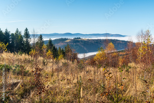 Moravskoslezske Beskydy mountains from forest glade bellow Velky Sosov hill summit in autumn Slezske Beskydy mountains