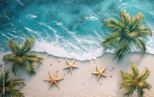 Dramatic crashing waves against a golden sandy beach at sunset, with vibrant palm fronds providing a lush tropical backdrop. Copy space for advertising, presentation product or text.