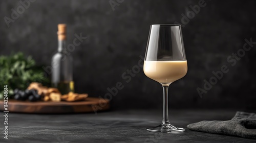 Elegant glass of creamy beverage with bottle and platter of snacks in a stylish, dark setting.