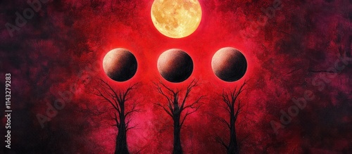 Triple Moon Goddess Symbol in Red - Pagan Wicca & Astrology Inspired Image of the Three-Faced Moon Goddess