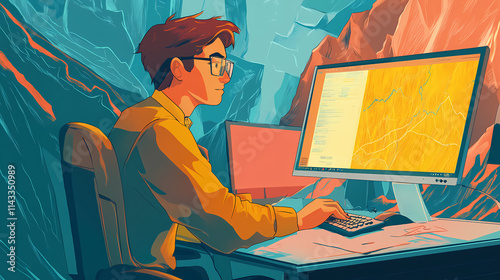 A geophysicist studying seismic activity on a computer. Seismic. Illustration