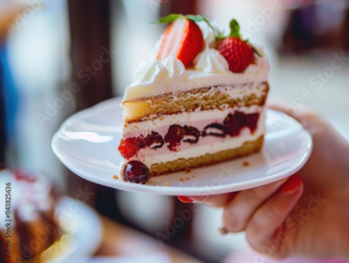 Shot of a person holding a piece of cake, emphasizing the pleasure of sweets. Close-up shot with natural lighting.