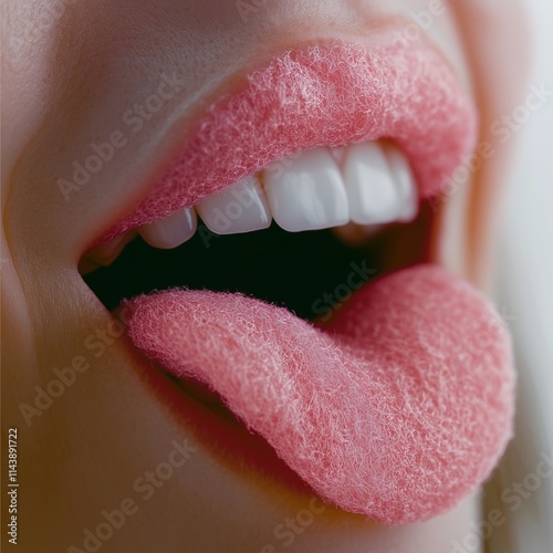 A surreal close-up of a pink tongue with a felt-like texture, emerging from lips, symbolizing flattery and obedience with a unique artistic concept.