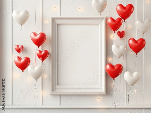 Heart shaped balloons and a blank frame on a white wall