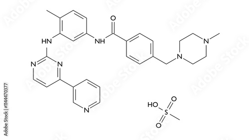 imatinib mesylate molecule, structural chemical formula, ball-and-stick model, isolated image antineoplastic agent