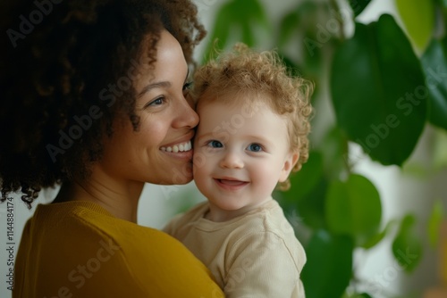 Mother and child share a joyful moment surrounded by lush green plants indoors