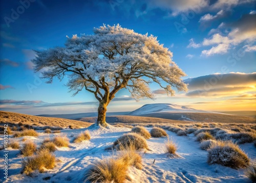 Edmondbyers Common's frozen silhouette, a tree etched against the winter moorland sky, obeying Bolt's Law.