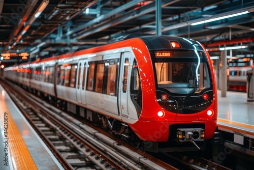 Modern train arrives at a busy underground station during rush hour in an urban city