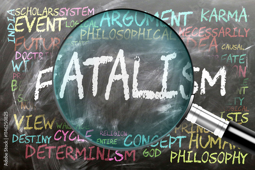 Fatalism being studied, examined - under close inspection. Most important subjects and ideas closely related to fatalism written on a blackboard inspected by a magnifying glass. ,3d illustration