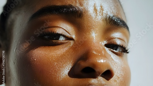 A close-up of a face showing gentle recovery, with faint tear marks, captured candidly on a clean white backdrop