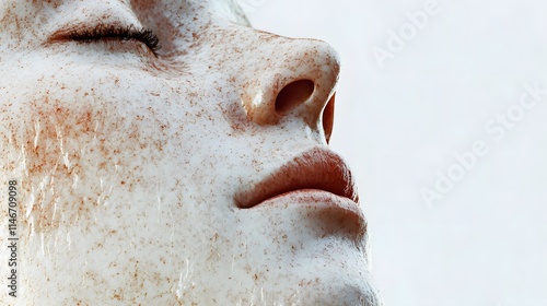 A close-up of a face tilted slightly downward, with faint tear streaks visible, captured candidly on a plain white background