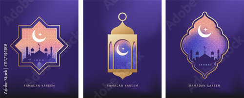 Ramadan Kareem window and lantern backgrounds. Modern Islamic greeting card template and wallpaper design. Poster and media banner vector illustration