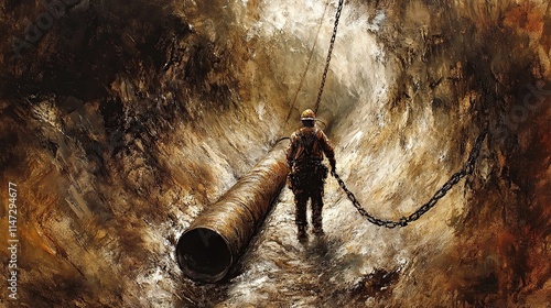 Worker inside a dark, winding tunnel, pushing a large metal pipe.