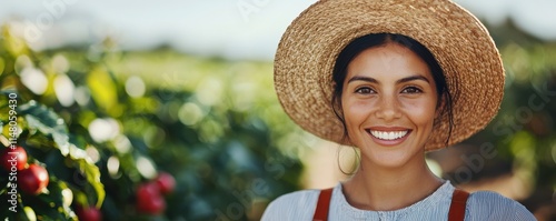 Ethical supply chain concept Smiling woman in a straw hat among green vines and ripe red fruit.