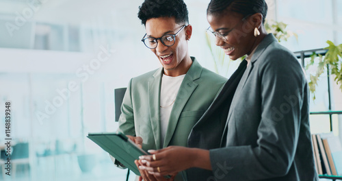 Collaboration, research and tablet with business people in office for sustainability manager, eco consultant and planning. Environment policy, climate change solution and teamwork with employees