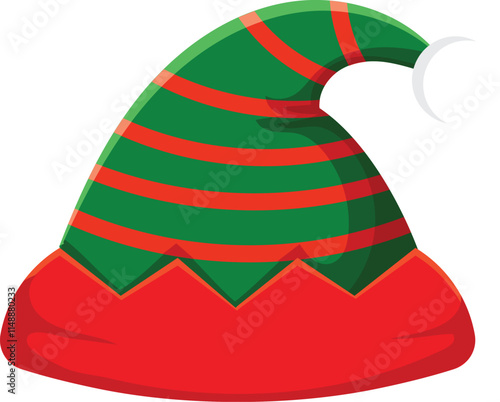 Red and green striped christmas elf hat with white ball at the tip, bringing festive cheer to holiday celebrations and adding a touch of magic to the season