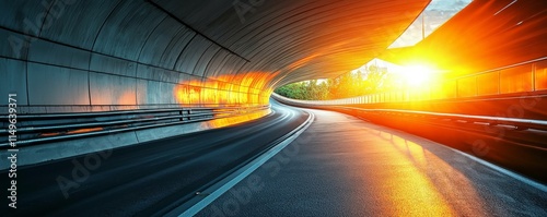 A vibrant sunset illuminates a winding tunnel road, creating a dynamic scene of motion and light.