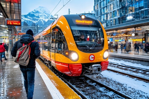 Train arrives at snowy mountain station during the winter morning commute